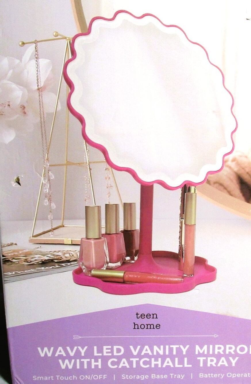 Pink LED Lighted Makeup Mirror Wavy Border Organizer Tray Touch Light Teen Home